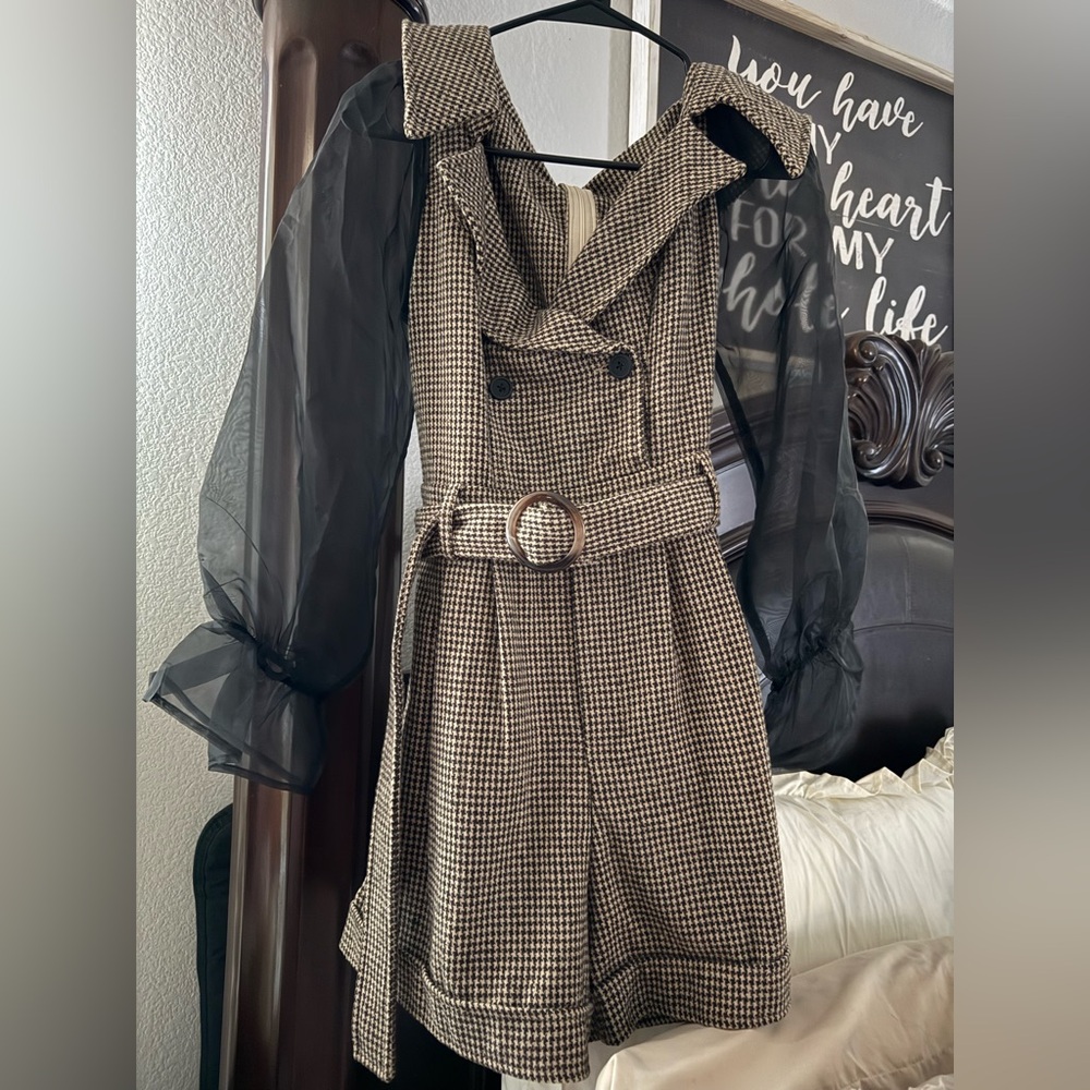 Shein Houndstooth Print Mesh Sleeve Belted Romper